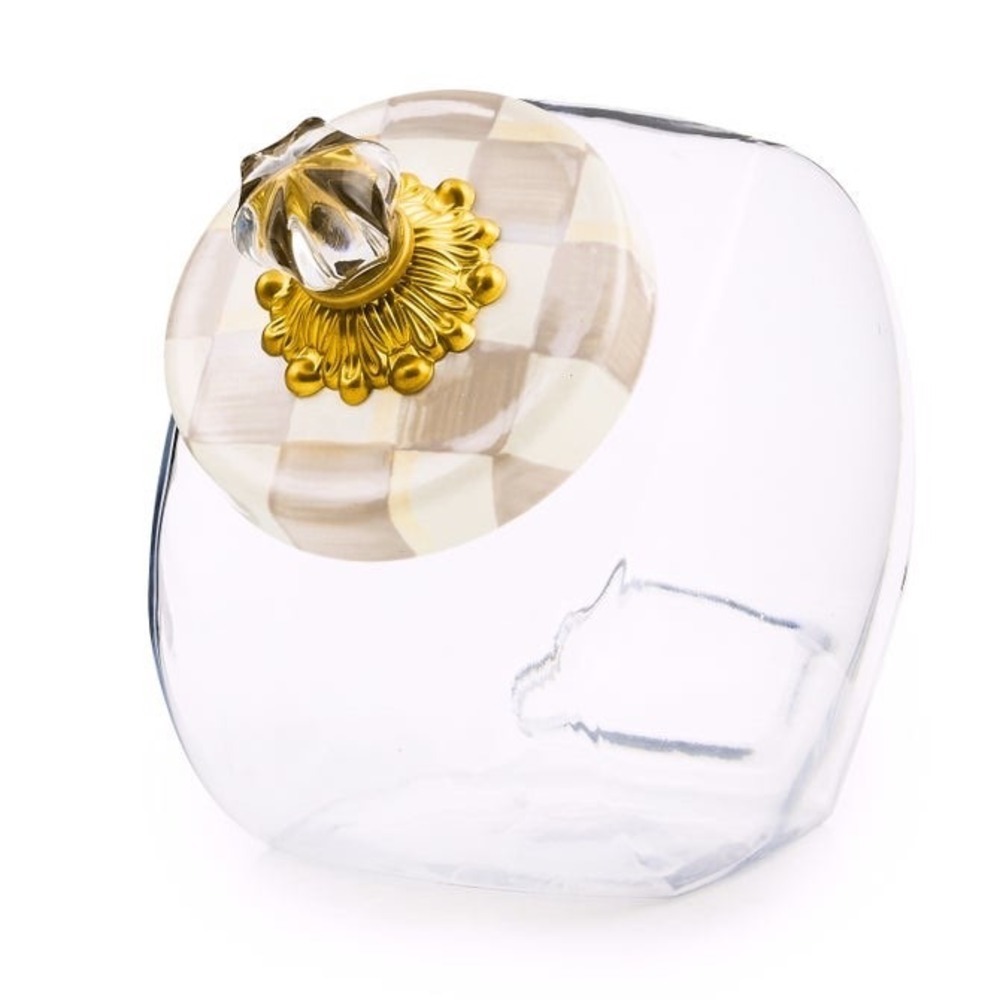 NEW MacKenzie-Childs Mocha Check Glass Sweets Jar Vanity Cottagecore Decor Luxe